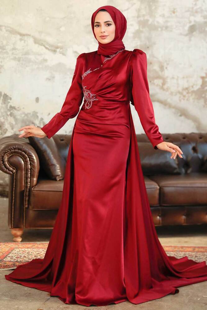 Neva Style - Elegant Claret Red Modest Evening Gown 22881BR - 3