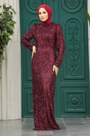 Neva Style - Elegant Claret Red Modest Islamic Clothing Prom Dress 2314BR - Thumbnail
