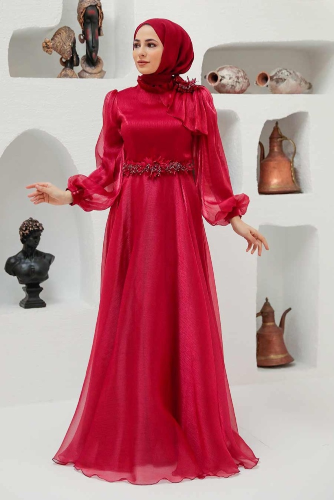 Neva Style - Elegant Claret Red Muslim Fashion Evening Dress 22310BR - 2