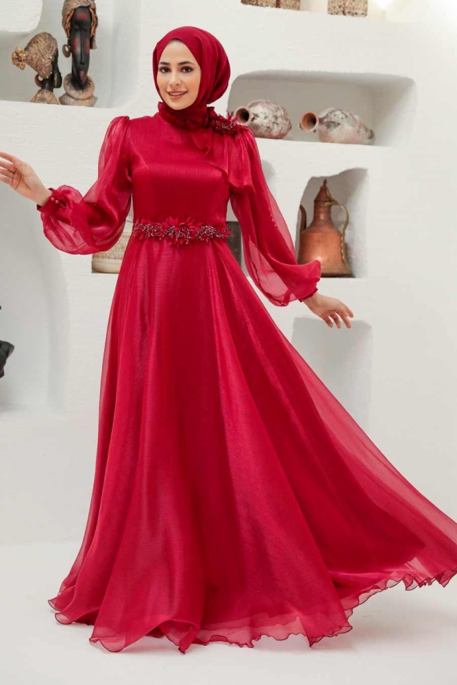 Neva Style - Elegant Claret Red Muslim Fashion Evening Dress 22310BR - 1