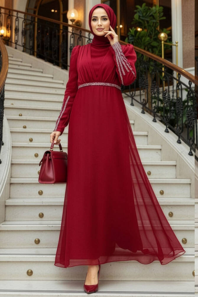 Neva Style - Elegant Claret Red Muslim Engagement Dress 25854BR - 1
