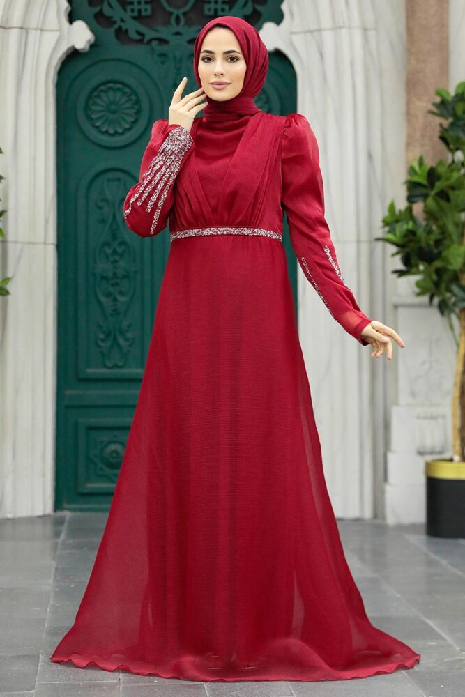 Neva Style - Elegant Claret Red Muslim Engagement Dress 25854BR - 1