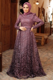 Neva Style - Elegant Dark Dusty Rose Hijab Evening Dress 22602KGK - Thumbnail