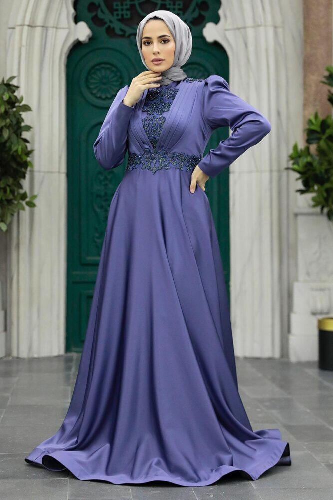 Neva Style - Elegant Dark Lila Hijab Engagement Gown 22221KLILA - 2