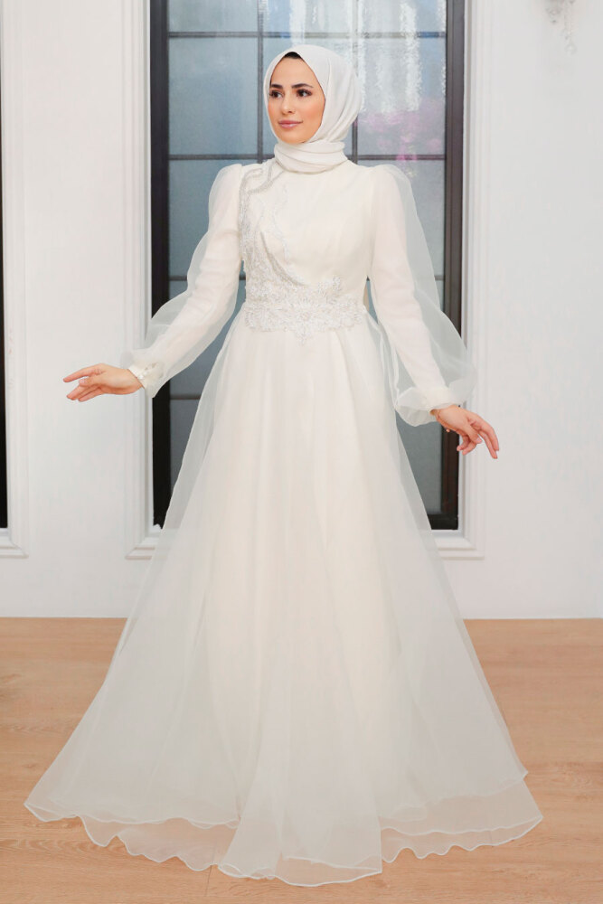 Neva Style - Elegant Ecru Muslim Engagement Dress 22540E - 2