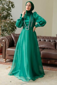 Neva Style - Elegant Green Hijab Evening Dress 36831Y - Thumbnail