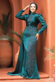 Neva Style - Elegant Green Hijab Evening Gown 23122Y - Thumbnail