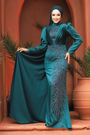 Neva Style - Elegant Green Hijab Evening Gown 23122Y - Thumbnail