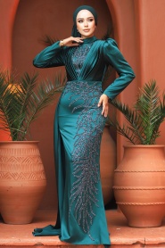 Elegant Green Hijab Evening Gown 23122Y - 3