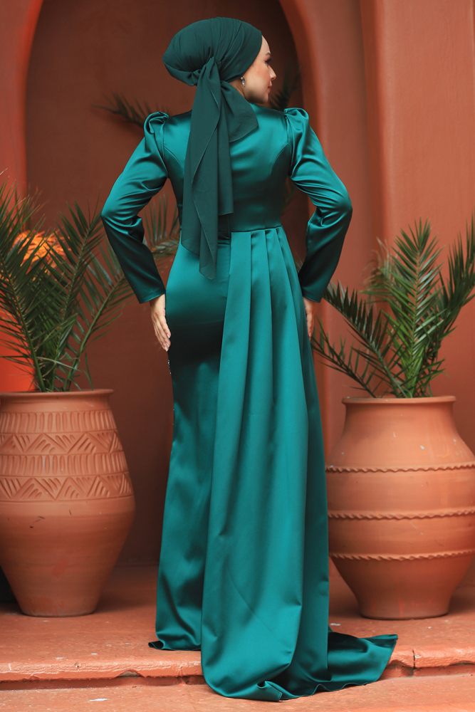 Elegant Green Hijab Evening Gown 23122Y - 4