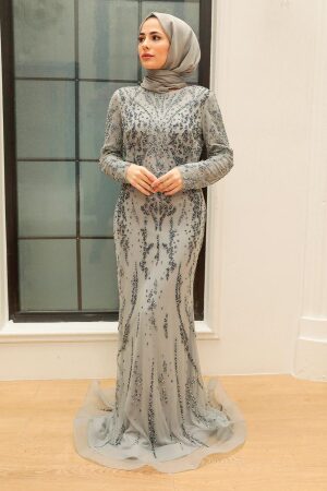 Neva Style - Elegant Grey Islamic Long Sleeve Dress 931GR - Thumbnail