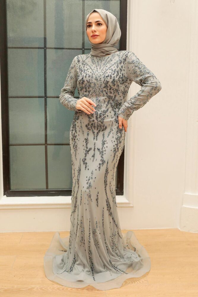 Neva Style - Elegant Grey Islamic Long Sleeve Dress 931GR - 2