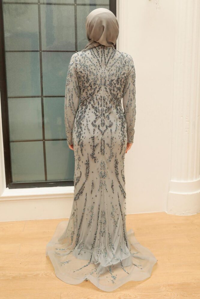 Neva Style - Elegant Grey Islamic Long Sleeve Dress 931GR - 3