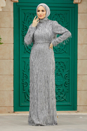 Neva Style - Elegant Grey Modest Islamic Clothing Prom Dress 2314GR - Thumbnail