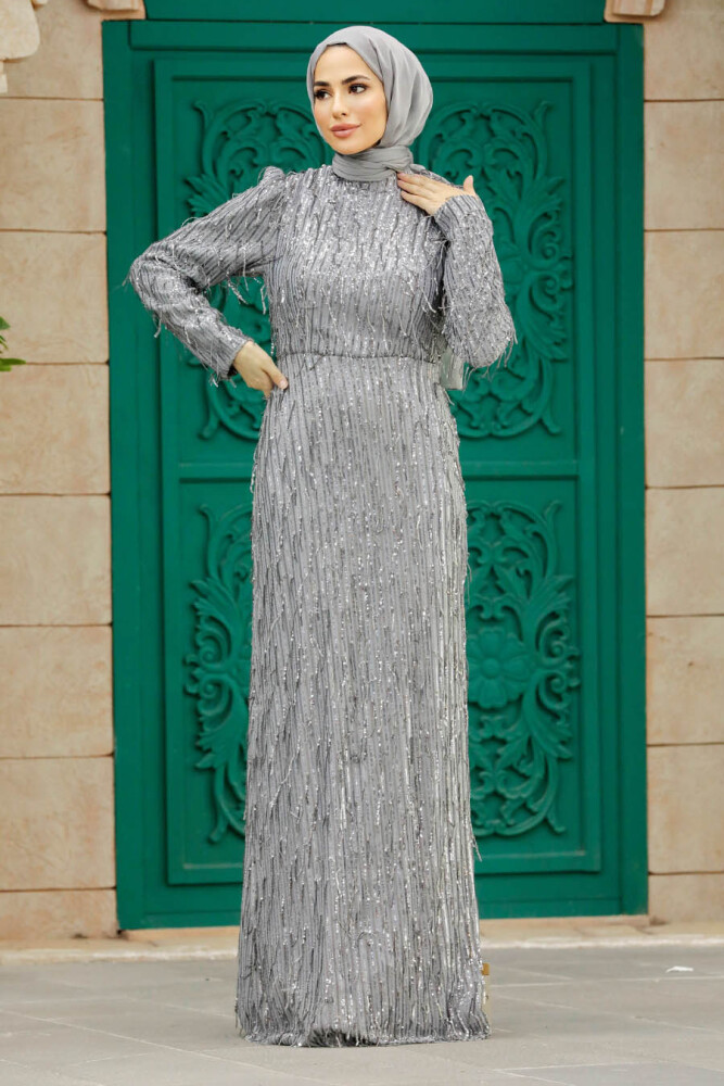 Elegant Grey Modest Islamic Clothing Prom Dress 2314GR - 3