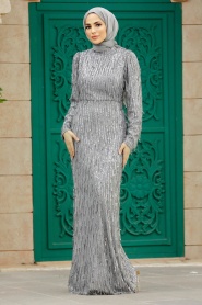 Neva Style - Elegant Grey Modest Islamic Clothing Prom Dress 2314GR - Thumbnail