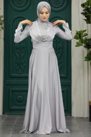 Neva Style - Elegant Grey Muslim Engagement Dress 39011GR - Thumbnail