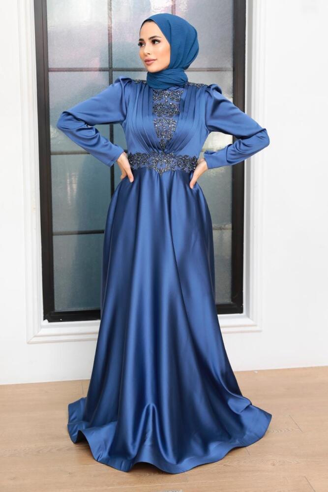 Neva Style - Elegant İndigo Blue Hijab Engagement Gown 22221IM - 1