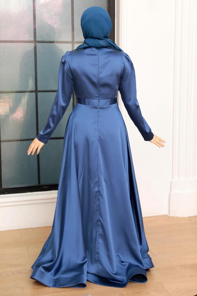 Neva Style - Elegant İndigo Blue Hijab Engagement Gown 22221IM - 3