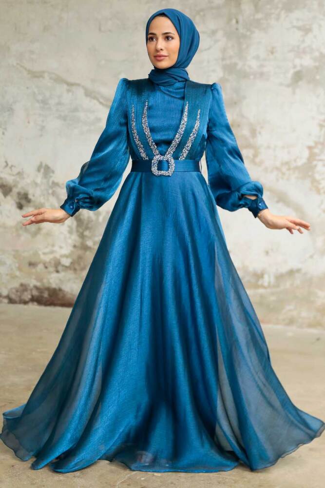 Neva Style - Elegant İndigo Blue Hijab Evening Dress 36831IM - 1