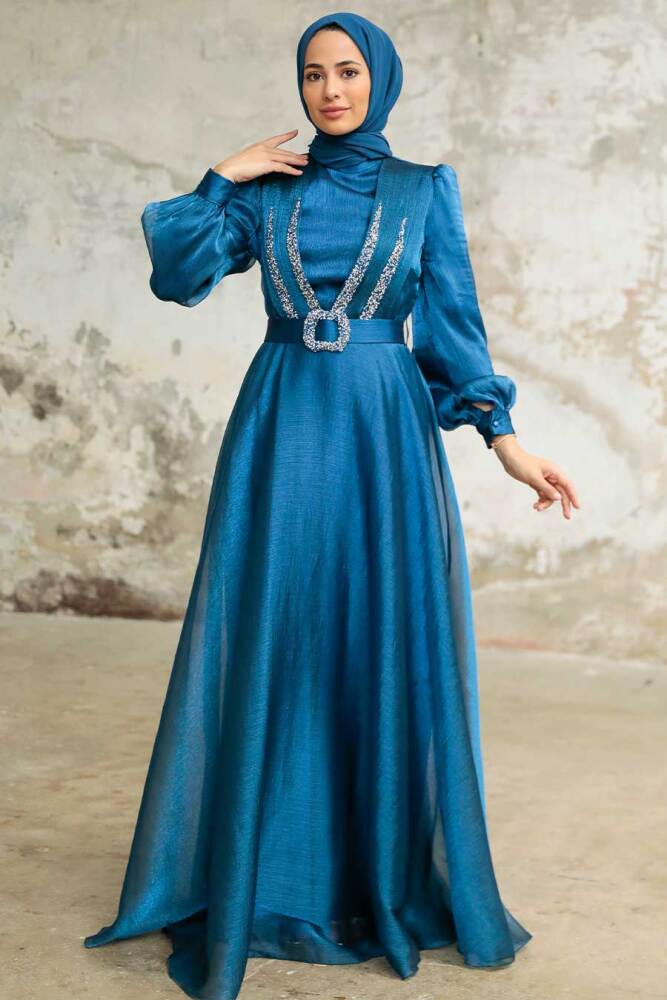 Neva Style - Elegant İndigo Blue Hijab Evening Dress 36831IM - 2