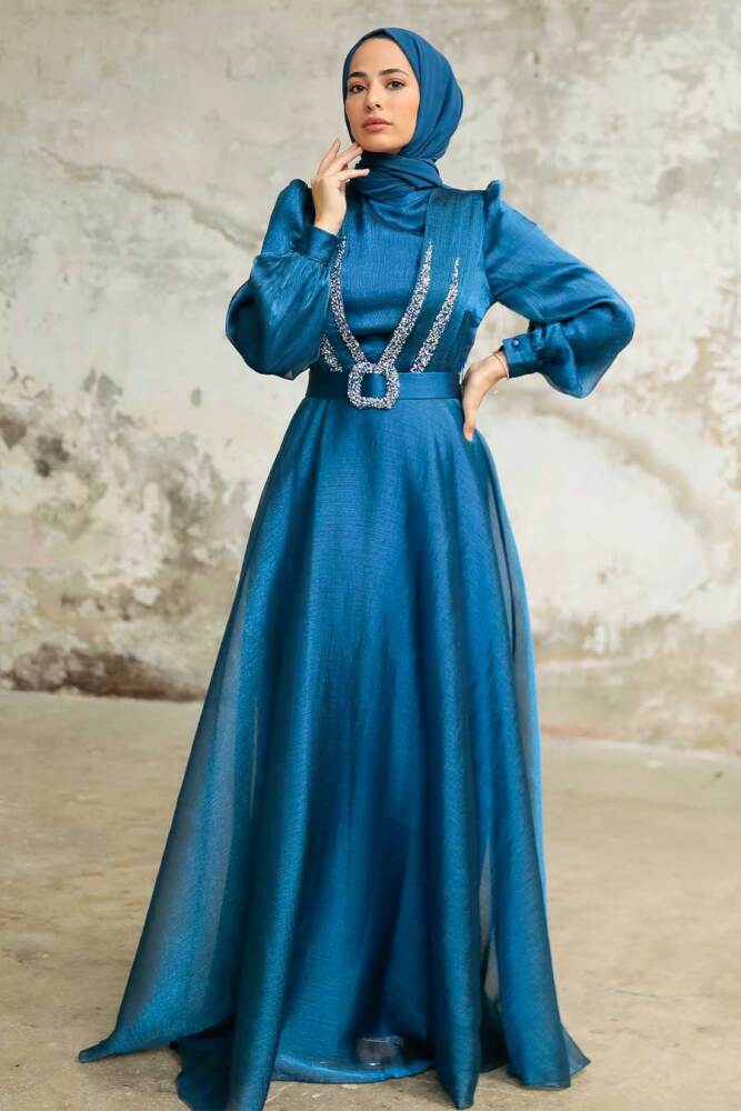 Neva Style - Elegant İndigo Blue Hijab Evening Dress 36831IM - 3