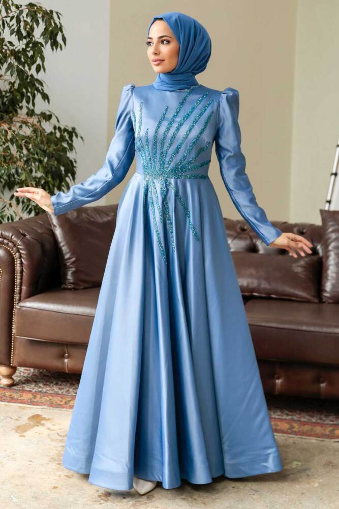 Neva Style - Elegant İndigo Blue Hijab Wedding Dress 2265IM - 1