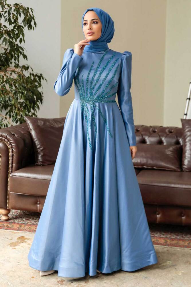 Neva Style - Elegant İndigo Blue Hijab Wedding Dress 2265IM - 3