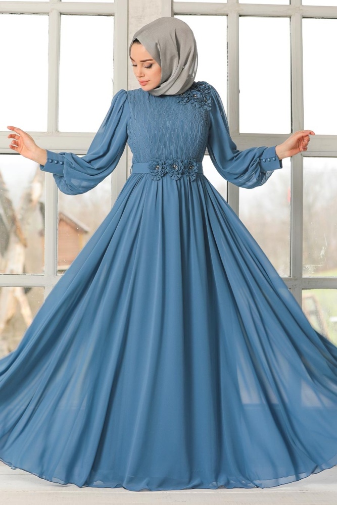 Neva Style - Elegant İndigo Blue Muslim Bridesmaid Dress 21951IM - 3