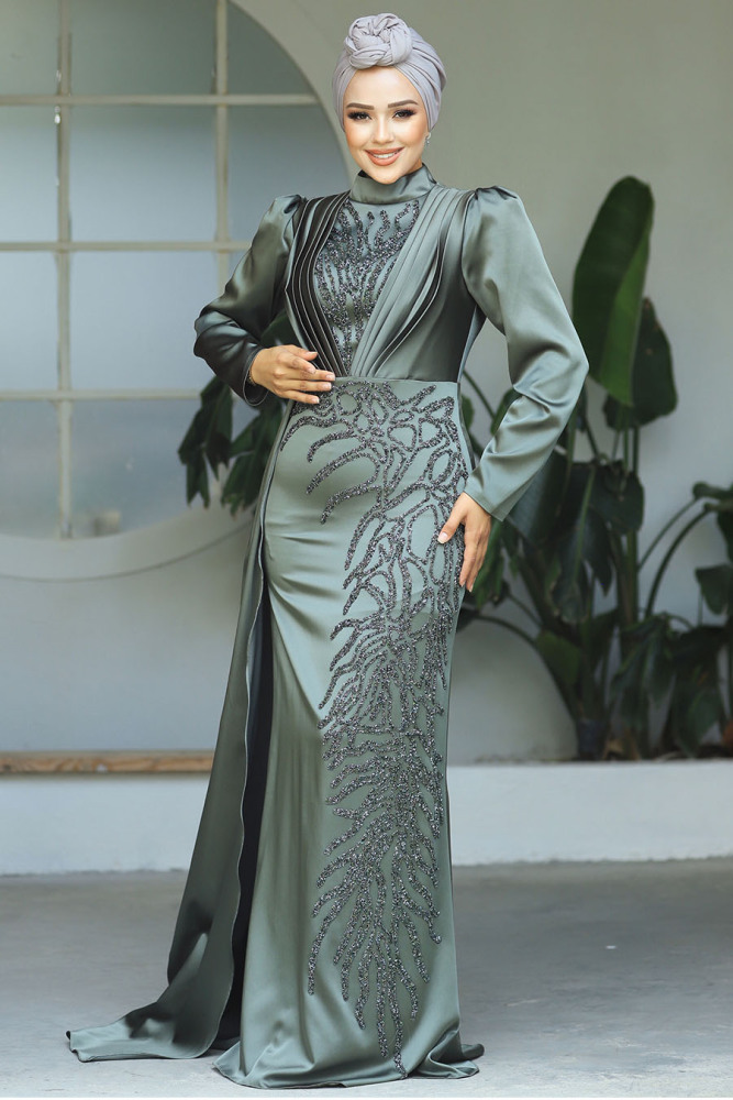 Elegant Khaki Hijab Evening Gown 23122HK - 3