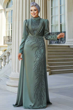 Elegant Khaki Hijab Evening Gown 23122HK - TESETTÜRLÜ ABİYE ELBİSELER