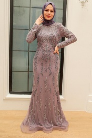 Neva Style - Elegant Lila Islamic Long Sleeve Dress 931LILA - Thumbnail