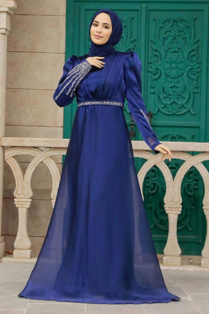 Neva Style - Elegant Navy Blue Muslim Engagement Dress 25854L - 2