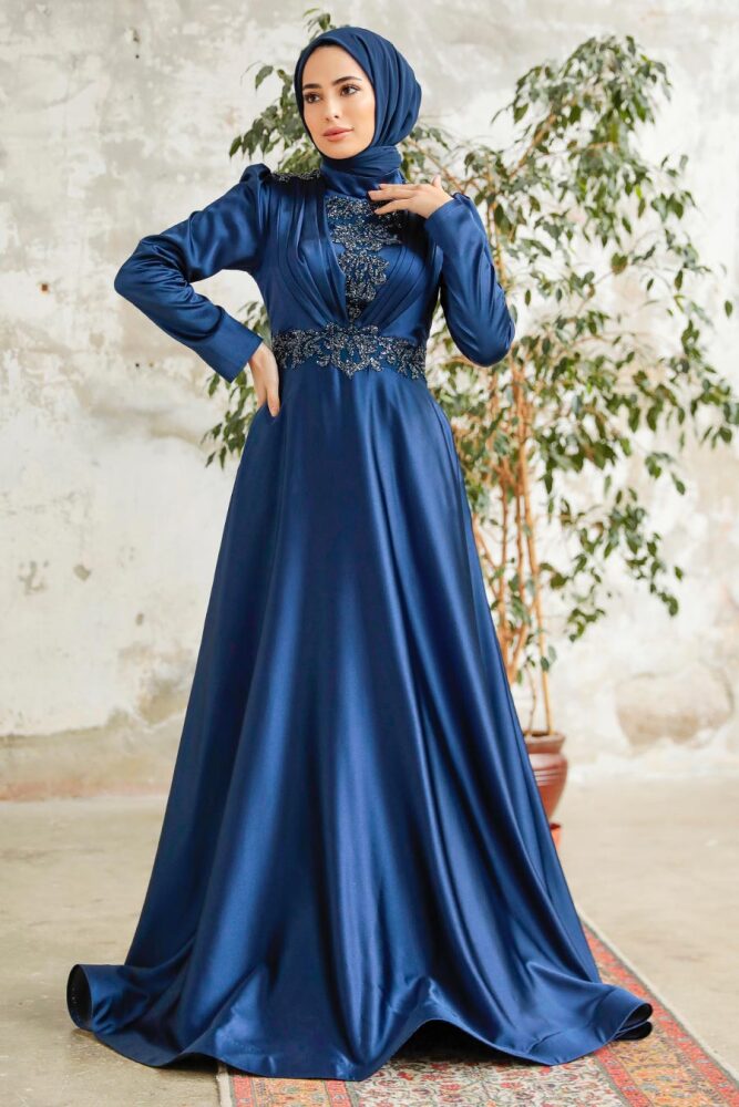 Neva Style - Elegant Navy Blue Modest Islamic Clothing Evening Dress 22221L - 1