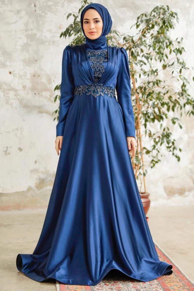 Neva Style - Elegant Navy Blue Modest Islamic Clothing Evening Dress 22221L - 2