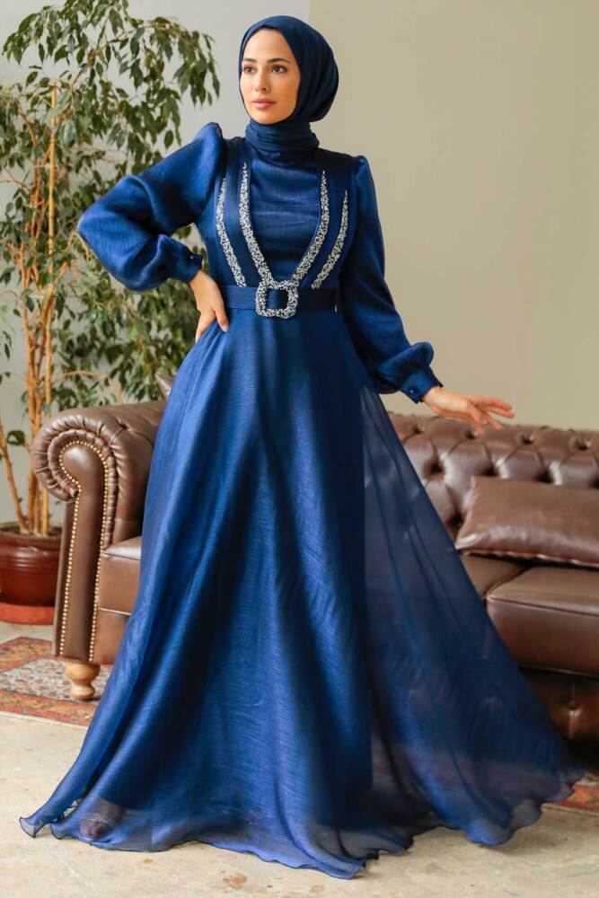 Neva Style - Elegant Navy Blue Hijab Evening Dress 36831L - 3