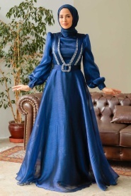 Neva Style - Elegant Navy Blue Hijab Evening Dress 36831L - Thumbnail