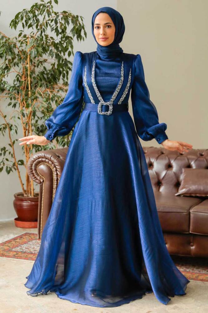 Neva Style - Elegant Navy Blue Hijab Evening Dress 36831L - 1
