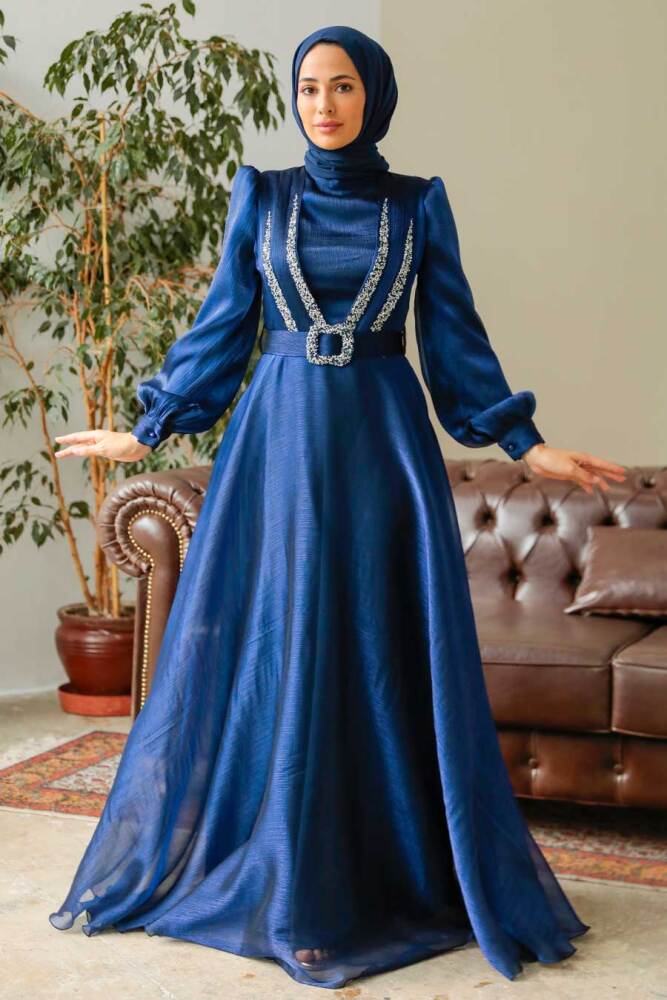 Neva Style - Elegant Navy Blue Hijab Evening Dress 36831L - 2