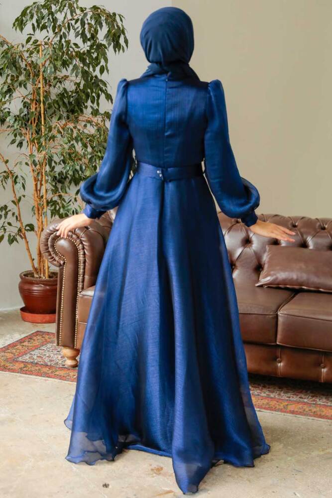 Neva Style - Elegant Navy Blue Hijab Evening Dress 36831L - 4