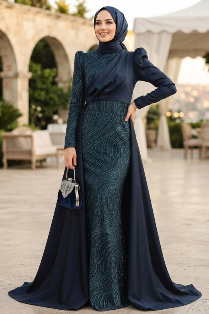 Neva Style - Elegant Navy Blue Islamic Clothing Evening Gown 22924L - 1