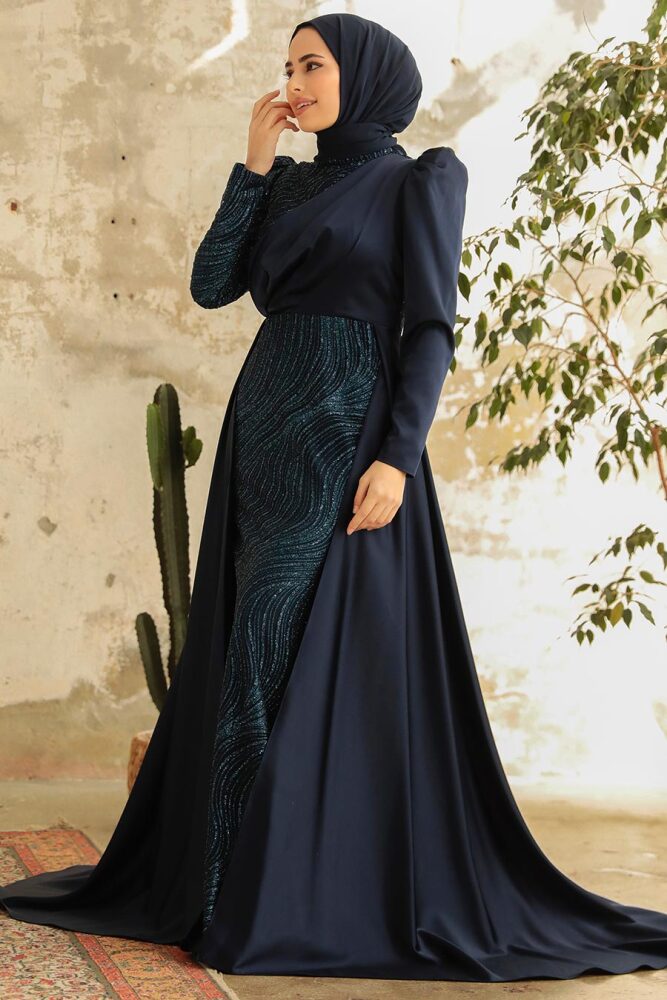 Neva Style - Elegant Navy Blue Islamic Clothing Evening Gown 22924L - 3