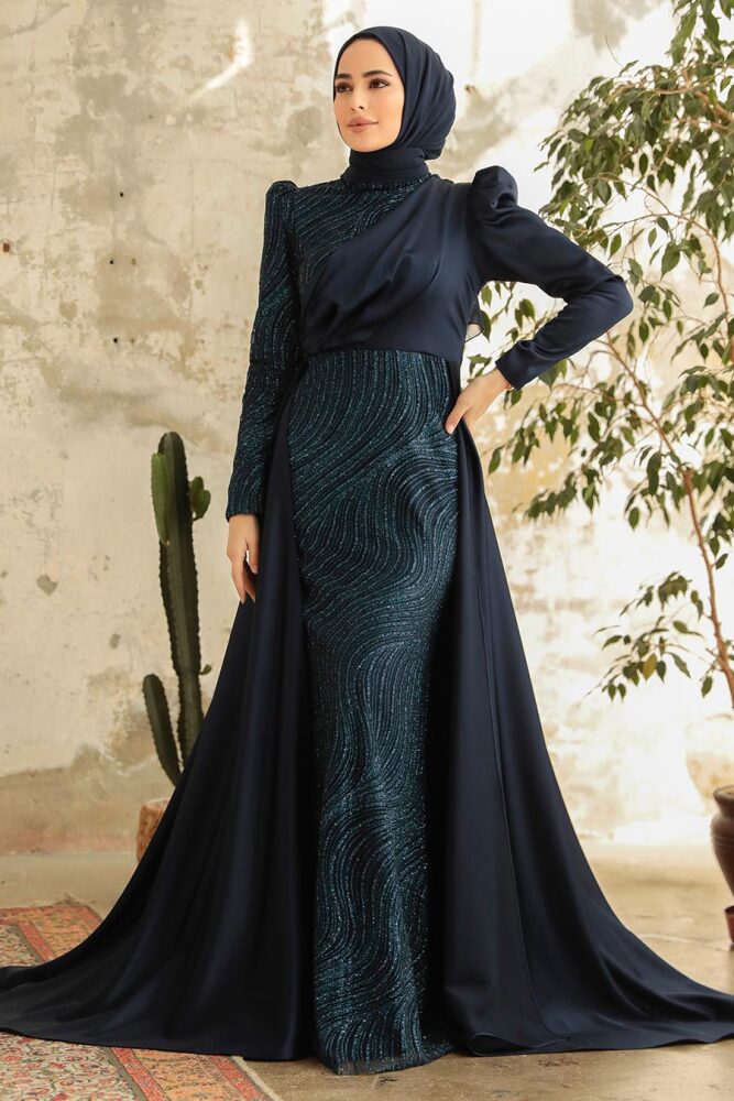 Neva Style - Elegant Navy Blue Islamic Clothing Evening Gown 22924L - 1