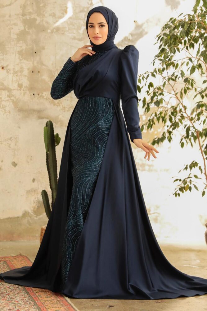 Neva Style - Elegant Navy Blue Islamic Clothing Evening Gown 22924L - 2