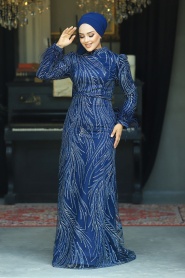 Neva Style - Elegant Navy Blue Islamic Evening Dress 23061L - Thumbnail