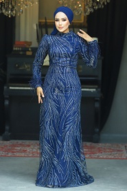 Neva Style - Elegant Navy Blue Islamic Evening Dress 23061L - Thumbnail