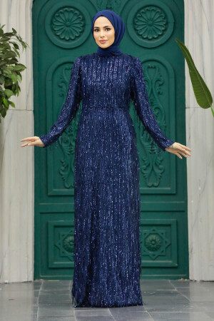 Elegant Navy Blue Modest Islamic Clothing Prom Dress 2314L - 2