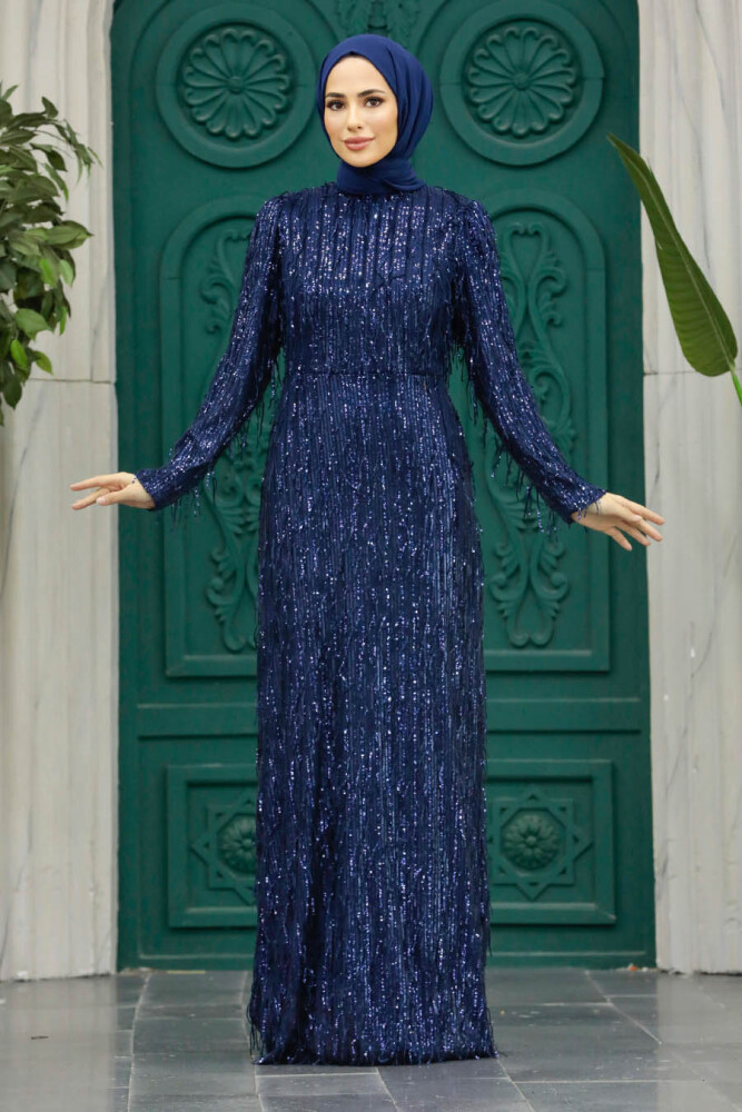 Elegant Navy Blue Modest Islamic Clothing Prom Dress 2314L - 2