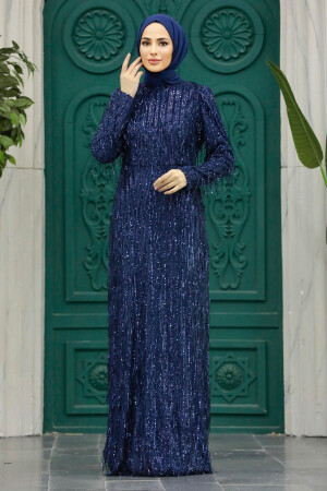 Elegant Navy Blue Modest Islamic Clothing Prom Dress 2314L - 3