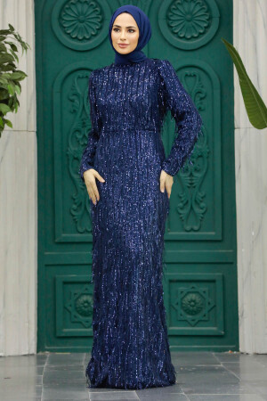 Elegant Navy Blue Modest Islamic Clothing Prom Dress 2314L - 1